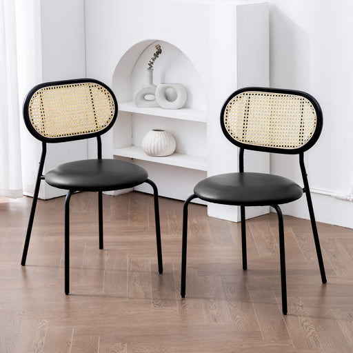 black faux leather dining chairs with woven backrest for dining room