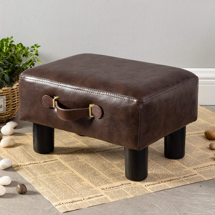 Small Footstool with Handle, Velvet Ottoman Foot Rest with Padded Seat,  Curved Foot Stool with Wooden Legs, Portable Foot Rest for Living Room